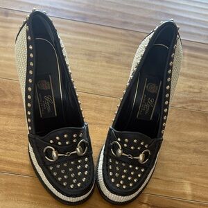 Gucci Black/Cream Leather and Straw Studded Horsebit Alyssa Loafer Pumps Size 38
